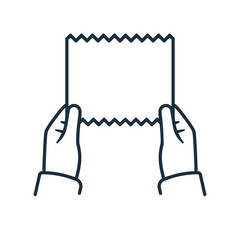 Paper towel in hand. Black line sign. Napkin in public toilet. Dispenser roll. Man takes paper towel. Vector illustration cartoon style. Isolated on background.