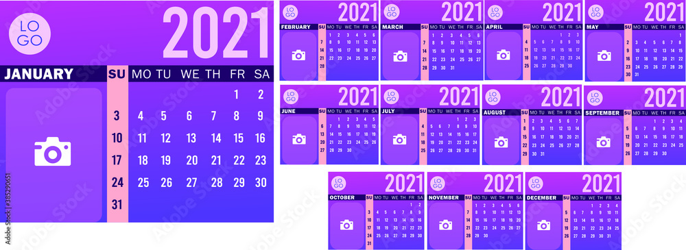 Poster calendar for 2021 template with gradient modern concept vector. image holder calendar style