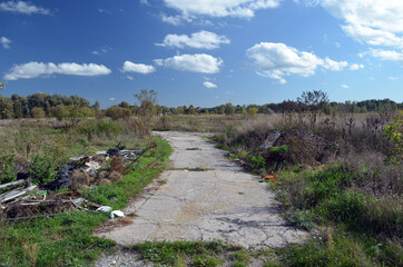 Abandoned concrete road to an abandoned dairy farm.Kiev Region.