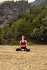 Fototapeta na wymiar Yoga classes in nature. The concept of playing sports alone. Social exclusion. A woman does yoga in the mountains