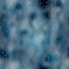 Seamless rain drop water repeat pattern on blur. High quality illustration. Realistic digital render of water droplets and drips on a blurred out pattern background. Pure water with light refraction.