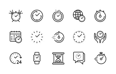Time management, time and clock, vector linear icons set. Timer, speed, alarm, recovery, calendar, hourglass and more. Isolated collection of icons time for web sites and mobile on white background.