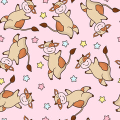 Fototapeta premium Seamless pattern with a funny cartoon dancing cow, the symbol of 2021