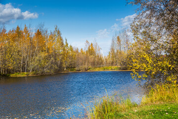 September landscape near the forest lake in the autumn day