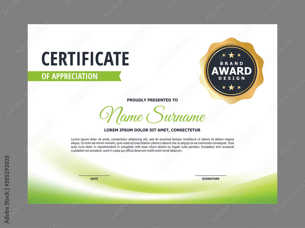 Poster abstract smooth certificate with soft green wavy element design, professional, modern, elegant certi
