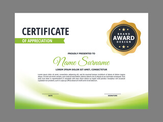Abstract Smooth Certificate with Soft Green Wavy Element Design, Professional, Modern, Elegant Certificate with Golden Badge Template Vector