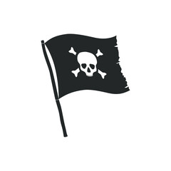 Jolly Roger symbol. Pirate flag with white skull and bones isolated on black background. Vector illustration