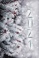 Cristmas background with pine tree branches .New Year 2021 Card.