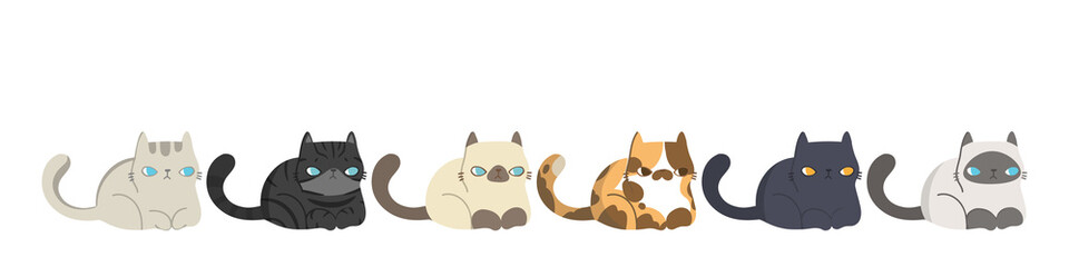 Set of different cats breeds in the same poses, Isolated on white background. Character design. Vector illustration, Cartoon doodle style.