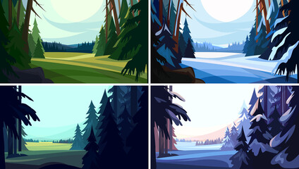 Collection of coniferous forests in cartoon style. Beautiful nature landscapes. © Pakon