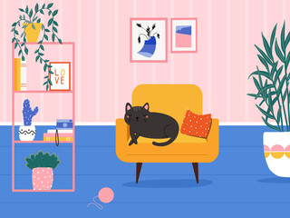 Vector cozy illustration in flat design. Bright illustration of an apartment with a sleeping cat.