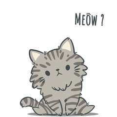Hand drawn cute cartoon cat with lettering " Meow ". Isolated on white background. Character design. Vector illustration, Cartoon doodle style.