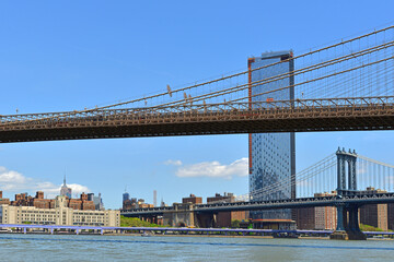 Brooklyn Bridge and Manhattan Bridge, suspension bridges that crosses East River in New York City,...