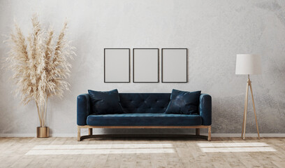 Blank vertical frames on gray decorative plaster wall in modern  living room interior with dark blue sofa, floor lamp, 3d rendering