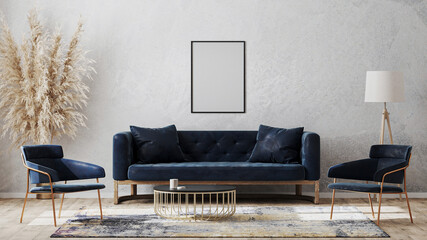 blank poster frames on gray wall mockup in modern luxury interior design with dark blue sofa, armchairs near cofee table, fancy rug on wooden floor, 3d rendering