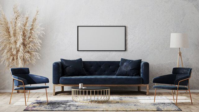 Horizontal Blank Poster Frames On Gray Wall Mockup In Modern Luxury Interior Design With Dark Blue Sofa, Armchairs Near Cofee Table, Fancy Rug On Wooden Floor, 3d Rendering