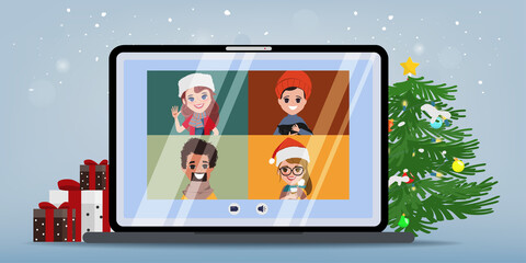 Group of people video call conference on christmas.