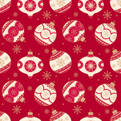 Seamless Christmas pattern with Christmas balls on a red background.