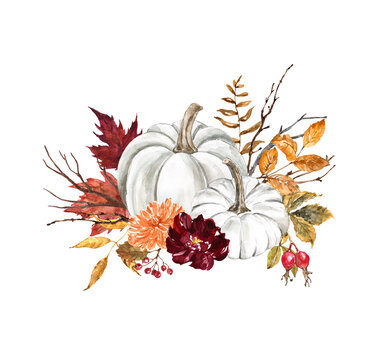 Beautiful Fall White Pumpkins Arrangement On White Background. Pastel Pumpkin Decor With Red And Burgundy Leaves, Flowers, Tree Branches. Autumn Watercolor Illustration. Thanksgiving Card