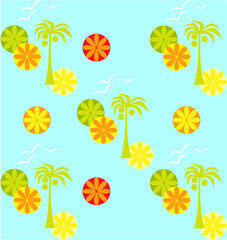 Seamless hand drawn tropical vector pattern with bright hibiscus flowers and exotic palm leaves on dark background.