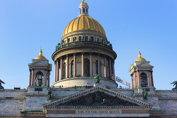Fototapeta na wymiar Saint Isaac's Cathedral (Isaakievskiy Sobor) scenic architecture in St Petersburg, Russia. Orthodox church colonnade and building facade, largest christian cathedral in Russia