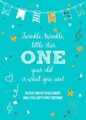 Twinkle, Twinkle, Little Star, Boy's First Birthday One Year Party Printable Invitation Vector Card