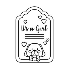 baby shower frame card with little dog and its a girl lettering line style