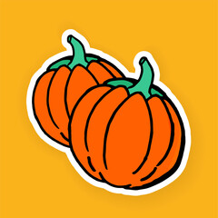 vector illustration of cute and fresh pumpkin isolated on yellow background. hand drawn vector. doodle food. modern scribble for kids, sticker, clip art, wallpaper, poster. simple sketching with pen.