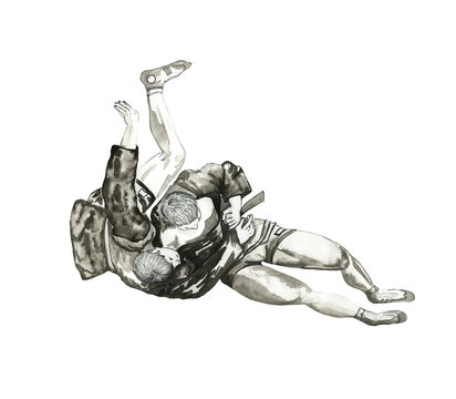 Two sambo sportsman throw each other. Ink people sketch isolated on white background.