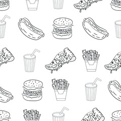 Seamless pattern, fast food, white background, vector illustration