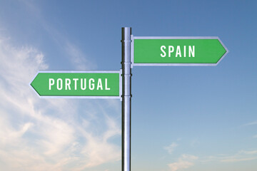 Sign indicating the direction of the borders between two countries Portugal, Spain ,  3d render.