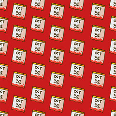 seamless pattern with calender icon isolated on red background. october 31, halloween celebrating. hand drawn vector. doodle calender. modern scribble for wallpaper, cover, backdrop, wrapping paper. 