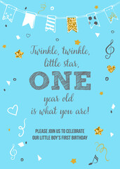 Twinkle, Twinkle, Little Star, Boy's First Birthday One Year Party Printable Invitation Vector Card
