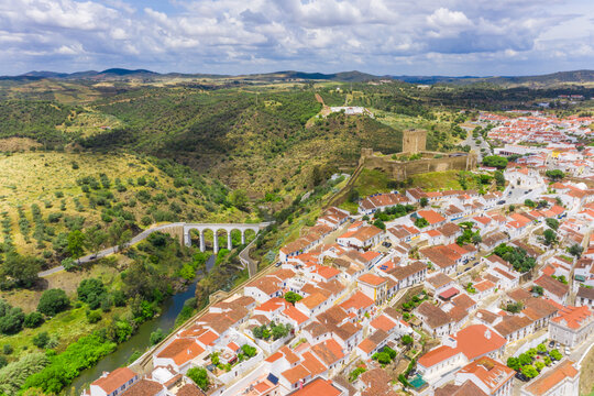 Aerial view of the bridge leading to the town of Mertola, Portugal.