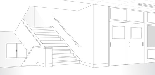 教室　廊下　階段　学校　漫画風背景素材