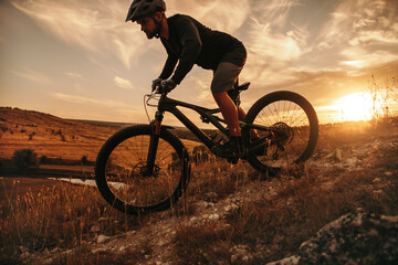 Active man riding mountain bike at sunset
