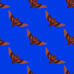 Seamless pattern brown owls flying on a blue background, vector illustration