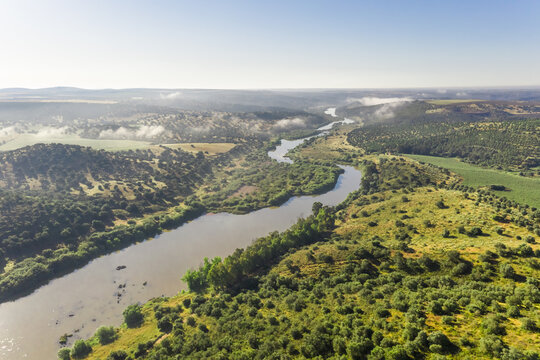 Aerial view natural landscape with Guadiana river, close to Herdade do Vau, Portugal.