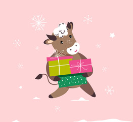 Christmas,Happy New Year Greeting Card.Cute Cartoon Bull with Gifts Boxes.Cow Chinese 2021 Symbol.Holiday Animal.Winter Festive Atmosphere.Festive Design.Calendar,Cards,Advertising.Vector illustration