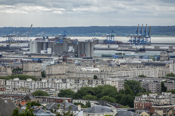 Panoramic view of Le Havre from Hanging gardens (Jardins Suspendus). Port of Le Havre with portal...