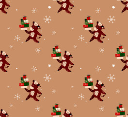 Christmas,Happy New Year Seamless Endless Pattern.Cute Cartoon Ox, Bull,Presents Gifts Boxes.Cow Chinese 2021 Symbol.Holiday Winter Festive Wrapping Paper Background.Festive Design Vector illustration