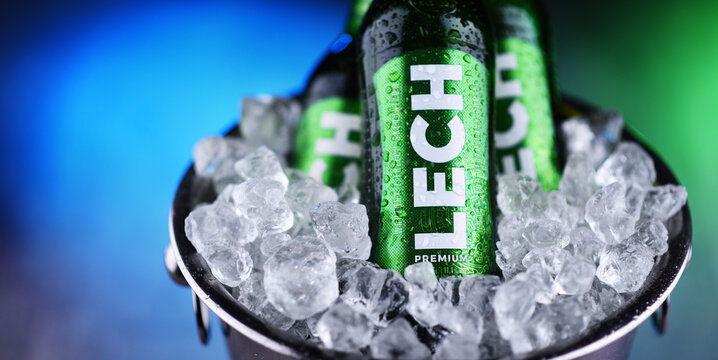 Bottles of  Lech beer in bucket with crushed ice