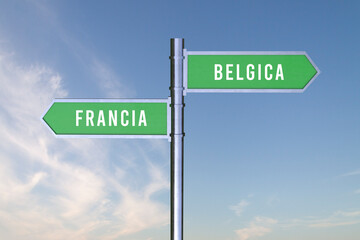 Obraz premium Sign indicating the direction of the borders between two countries Francia, Belgica ,France, Belgium, 3d render.