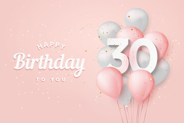 Happy 30th birthday balloons greeting card background. 30 years anniversary. 30th celebrating with confetti. Vector stock