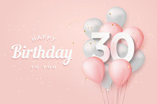 Happy 30th birthday balloons greeting card background. 30 years anniversary. 30th celebrating with confetti. Vector stock