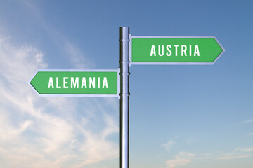 Sign indicating the direction of the borders between two countries Alemania, Austria,Germany, 3d render.