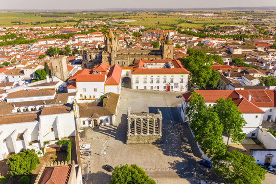 Aerial view of the Roman Temple in Evora, Portugal.