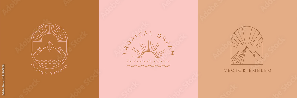 Poster Vector set of linear boho icons and symbols - sun logo design templates  - abstract design elements for decoration in modern minimalist style