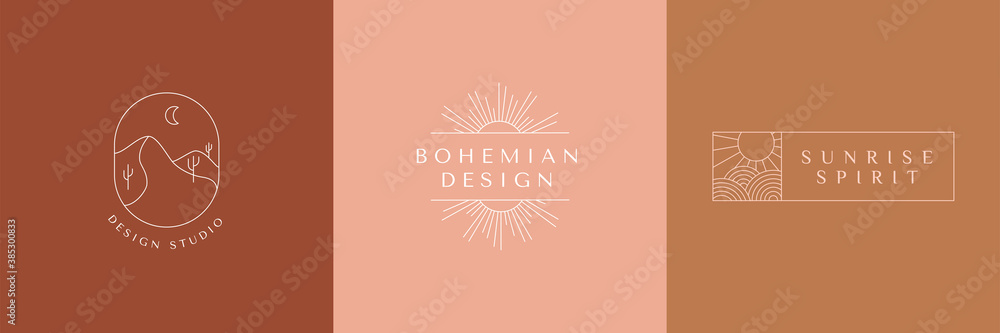 Poster Vector set of linear boho icons and symbols - sun logo design templates  - abstract design elements for decoration in modern minimalist style