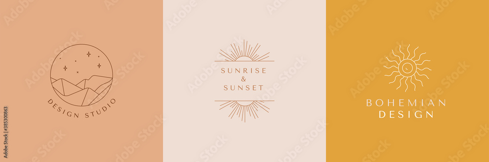 Poster Vector set of linear boho icons and symbols - sun logo design templates  - abstract design elements for decoration in modern minimalist style